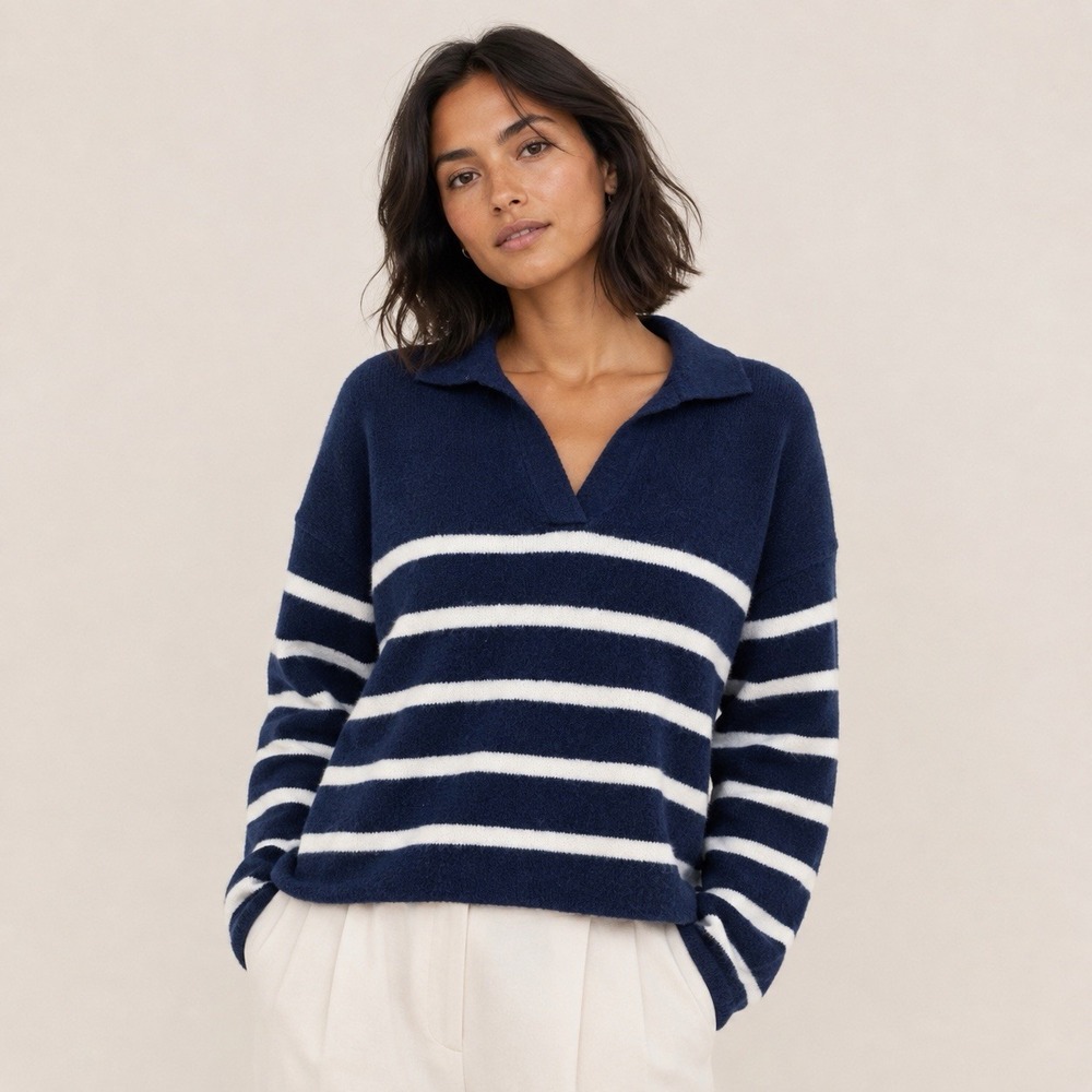 A New Day Womens cozy knit striped polo sweater XL nautical top wool blend NWT